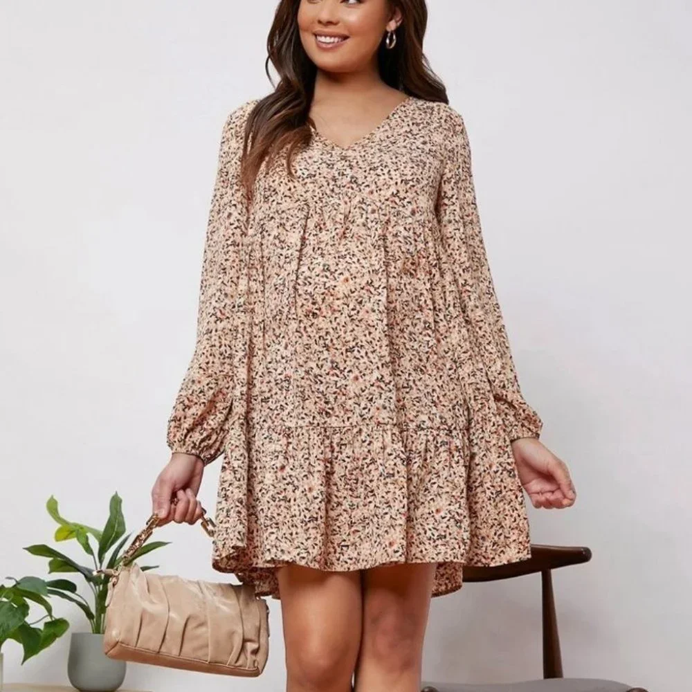 Maternity Mini Floral Print long sleeved v-neckline Flounce Hem Dress - Picture 7 of 8